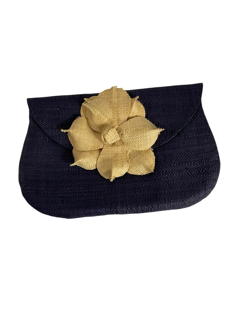 Mar Y Sol Gigi Flower Clutch Navy Raffia 3D Floral Handmade Madagascar